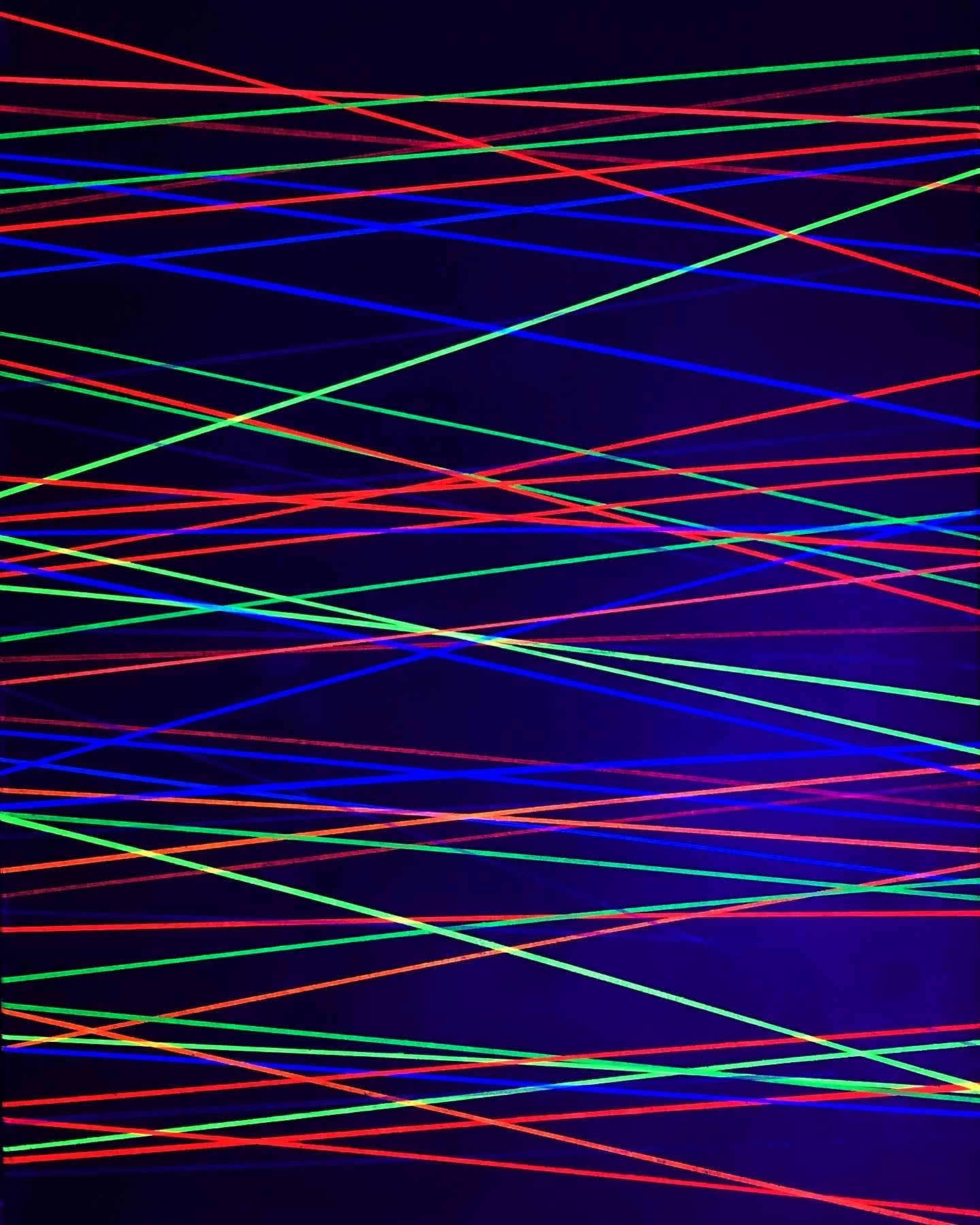 Metallic and fluorescent acrylics painting with green background and horizonal lines, under UV light